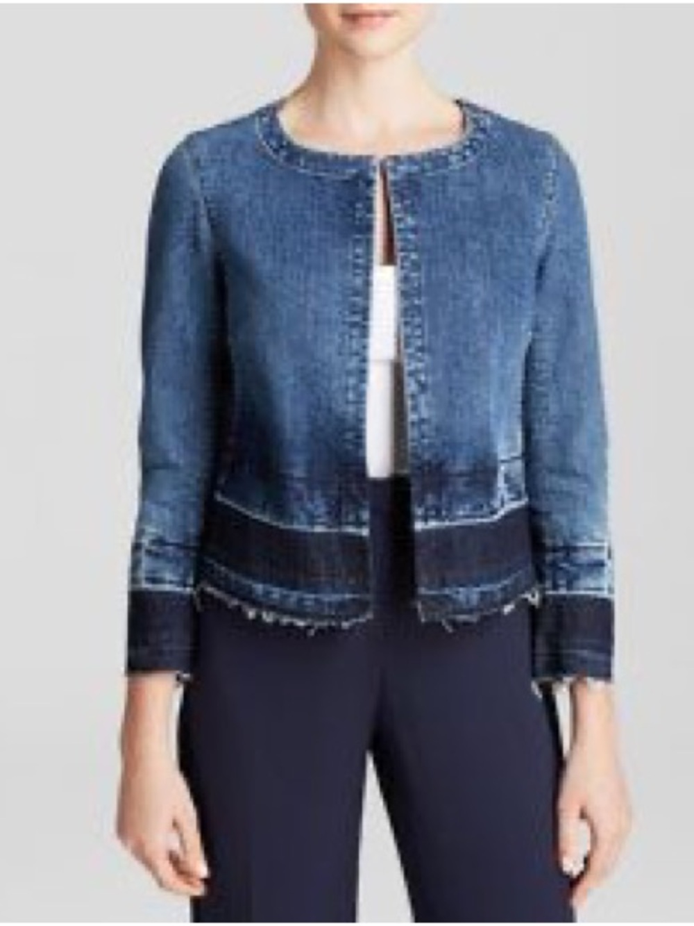 THEORY | XS / S | Collarless Denim Raw Frayed Hem Ombré Indigo Crop Jacket
